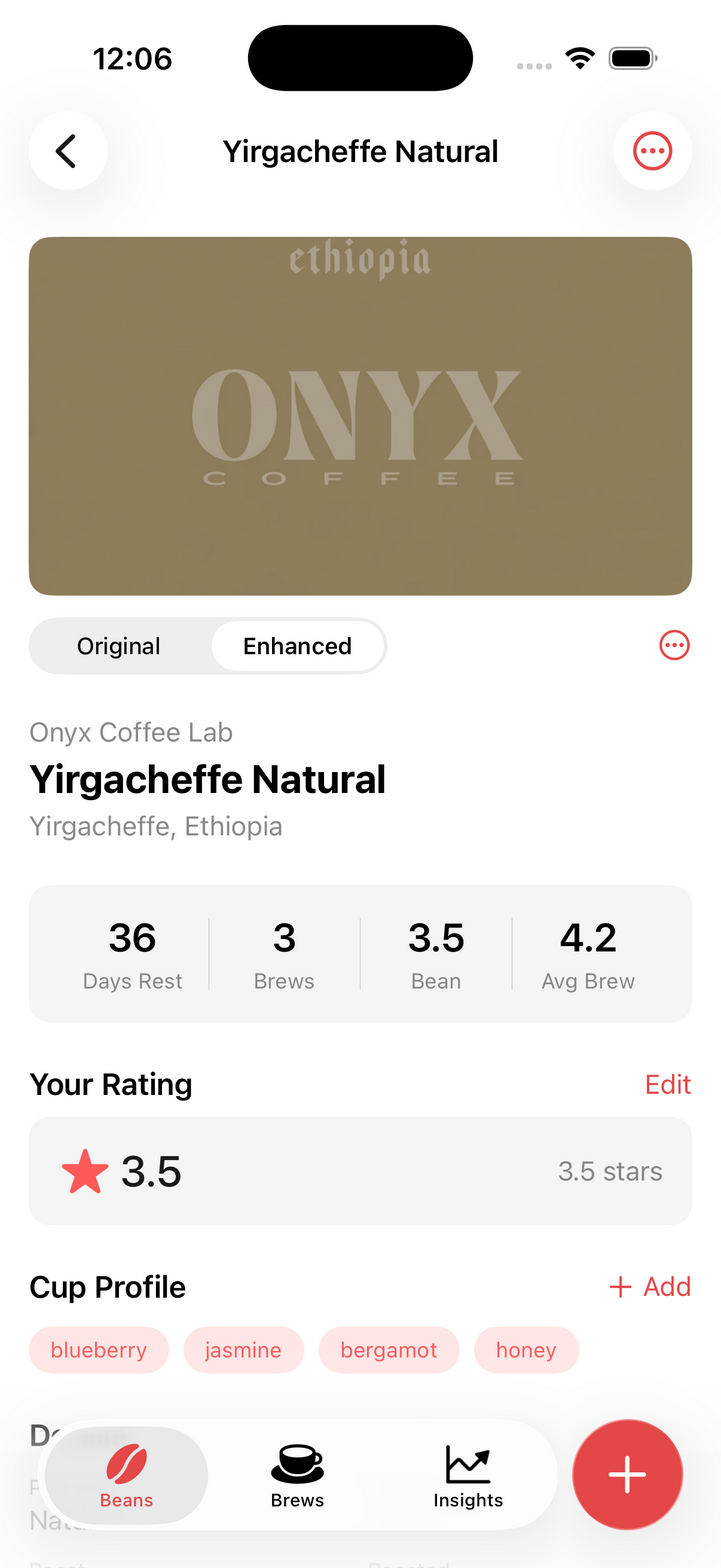 Bean details showing 36 days rest, 3 brews, cup profile with blueberry and jasmine notes