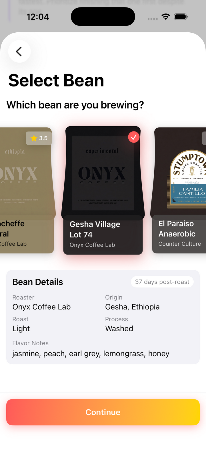 Bean selection with automatically populated origin, roast, and flavor notes